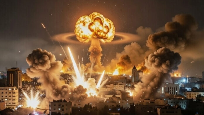 west-asia-crisis-israel-ira Airstrike smoke rising over Middle East city during escalating Israel Iran conflict