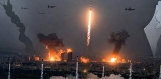 Explosions and smoke over Tehran during US-Israel strikes in West Asia crisis, March 7 2026, with ballistic missile trails toward Israel