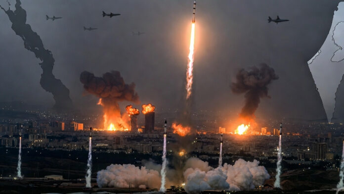 west-asia-crisis-tehran-exp Explosions and smoke over Tehran during US-Israel strikes in West Asia crisis, March 7 2026, with ballistic missile trails toward Israel