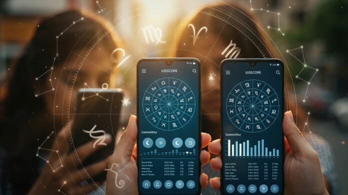 Young women using a mobile astrology app for relationship and life guidance in India