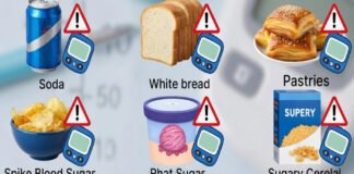 Foods that spike blood sugar fast including sugary drinks, pastries, and white bread in diabetes diet.