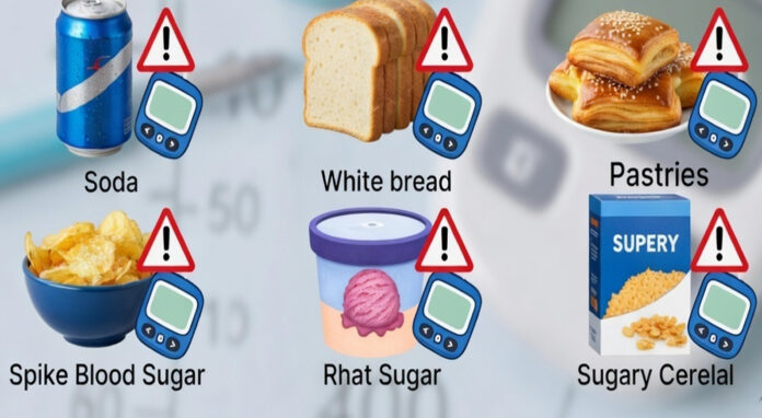 10 Worst Foods for Diabetes That Raise Blood Sugar Quickly Foods that spike blood sugar fast including sugary drinks, pastries, and white bread in diabetes diet.