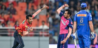Yuzvendra Chahal celebrating a wicket during an IPL match as he leads the all-time IPL wicket-takers list.