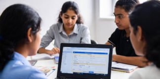 Students filling Bihar Board Class 12 exam forms online with laptop and documents