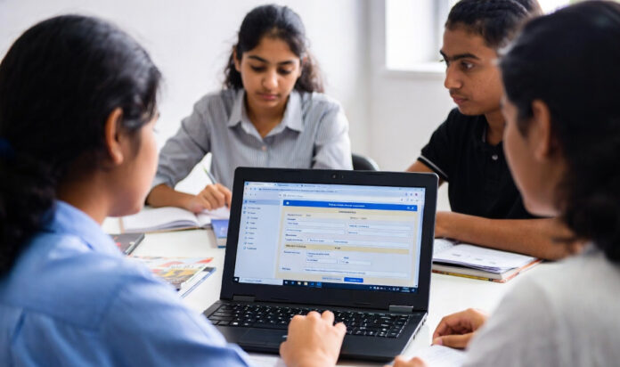 BSEB-12th-Compartment-Exam- Students filling Bihar Board Class 12 exam forms online with laptop and documents