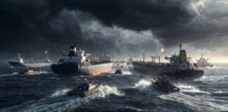 Strait of Hormuz ships under tension with Iranian military boats and oil tankers