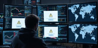 Cybercrime investigation showing hacker using computer with fraud alert screens and global scam network concept