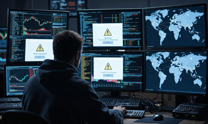 US-$27-Million-Fraud-Case-C Cybercrime investigation showing hacker using computer with fraud alert screens and global scam network concept