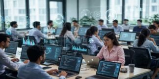 AI professionals working on laptops in modern office showing growth in artificial intelligence jobs in India
