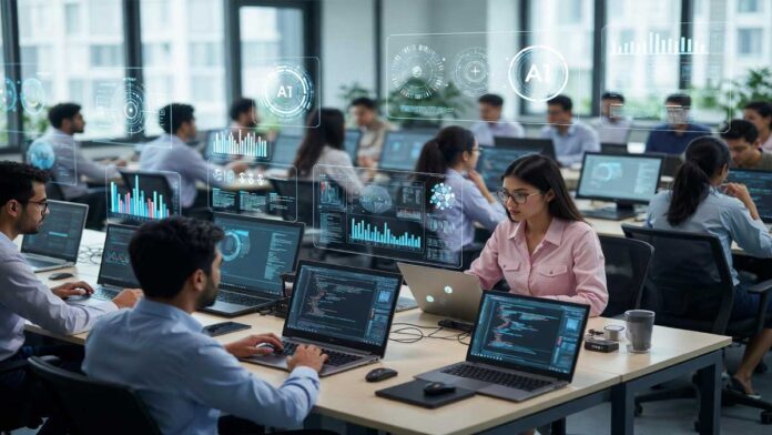 AI professionals working on laptops in modern office showing growth in artificial intelligence jobs in India