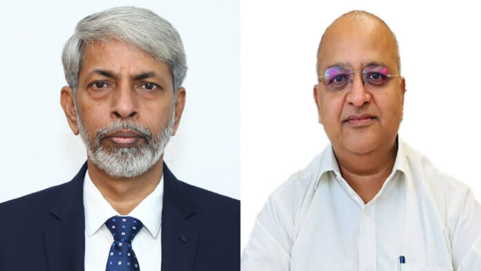 amarendu-prakash-resignatio Amarendu Prakash and Rajesh Kumar with SAIL plant and REC office background highlighting PSU leadership changes in India