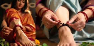 Black thread tied on ankle with knots for protection in astrology