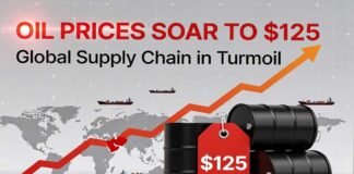 Brent crude oil price rising to $125 with global map and supply disruption indicators