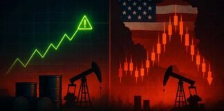 Brent crude oil barrels with rising price chart showing surge above $106 per barrel in global markets