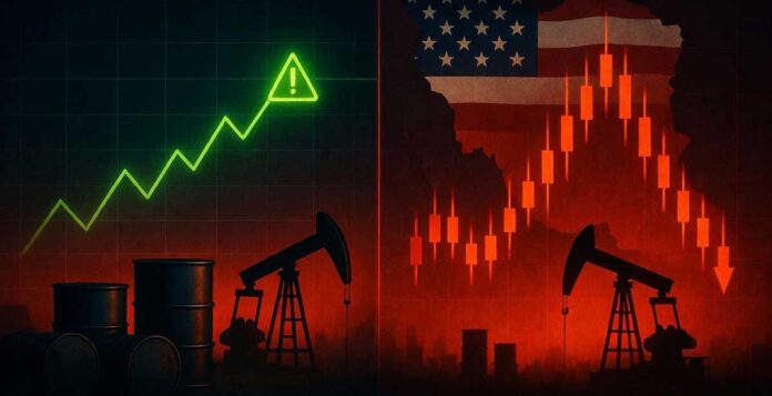 Brent crude oil barrels with rising price chart showing surge above $106 per barrel in global markets