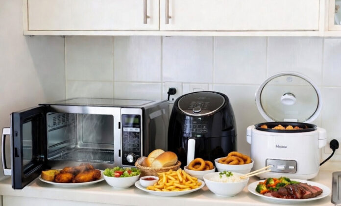 cooking-without-lpg-kitchen Kitchen appliances like microwave, air fryer, and electric cooker used for cooking without LPG during gas shortage