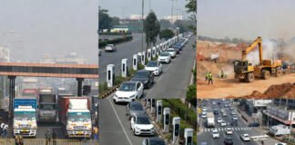 Delhi pollution control measures with EV charging stations, traffic monitoring, and reduced truck entry