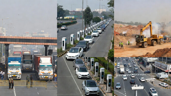 delhi-pollution-plan-2026-e Delhi pollution control measures with EV charging stations, traffic monitoring, and reduced truck entry