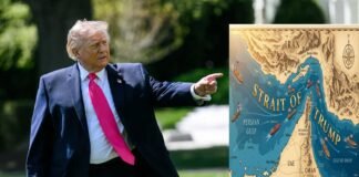 Donald Trump with Strait of Hormuz map showing controversial Trump Strait label