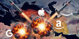 Iran US tensions targeting major tech companies like Microsoft Apple Tesla with West Asia conflict map and corporate icons