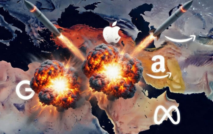geopolitics-iran-threat-us- Iran US tensions targeting major tech companies like Microsoft Apple Tesla with West Asia conflict map and corporate icons