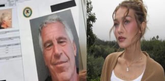 Gigi Hadid speaking at a public event addressing Epstein files controversy