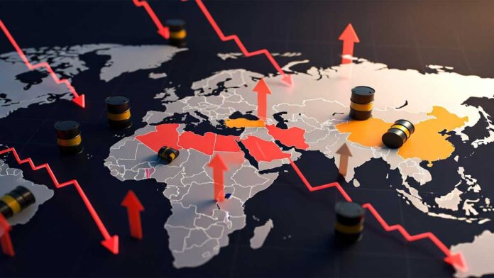 Global Economy Impact of War IMF 2026 Global economic slowdown concept with rising oil prices and inflation due to war