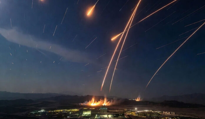 Hezbollah Rocket Attack Israel 2026 Rocket attack in Israel with explosions and emergency response teams