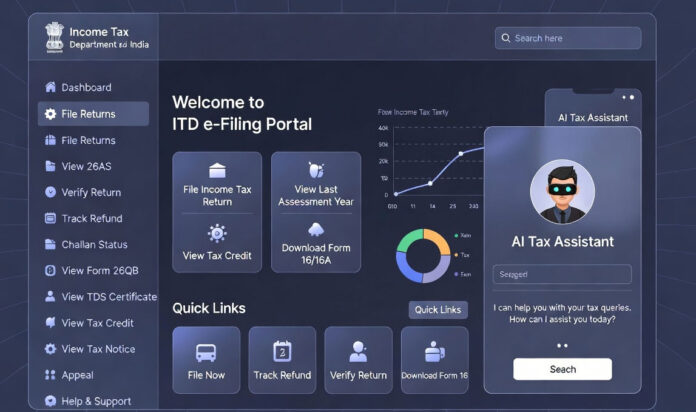 income-tax-ai-kar-saathi-we Income Tax India new website with AI assistant Kar Saathi chatbot interface helping taxpayers online