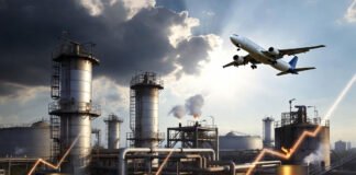 Oil refinery in India with fuel storage tanks and aircraft in background amid rising global oil prices
