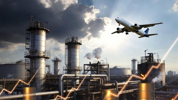 India Fuel Export Tax Hike Amid Global Oil Surge Oil refinery in India with fuel storage tanks and aircraft in background amid rising global oil prices