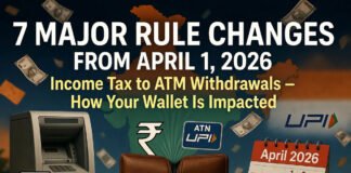 India April 1 2026 rule changes infographic showing income tax, railway tickets, ATM withdrawals, FASTag and digital payment updates