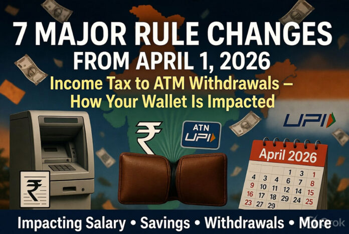 india-new-rules-april-2026- India April 1 2026 rule changes infographic showing income tax, railway tickets, ATM withdrawals, FASTag and digital payment updates