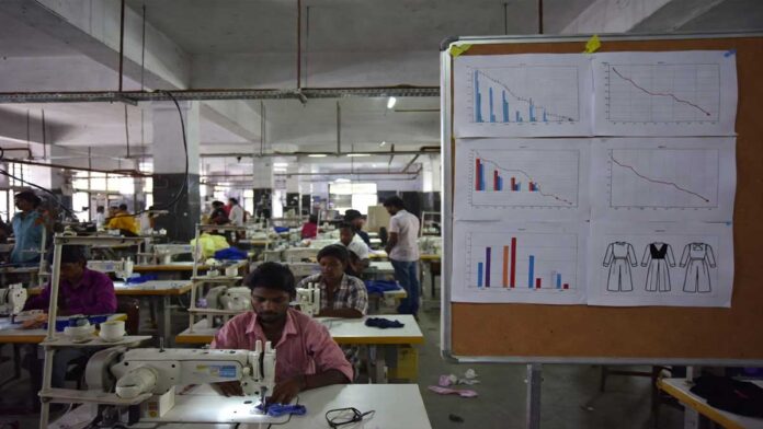 India Textile Export Decline FY26 Garments and Cotton Sector Impact Textile factory workers in India with export decline concept and garments production line