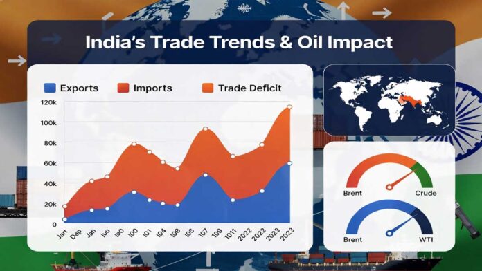 India trade deficit chart showing rising imports and exports data with oil prices impact
