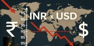 Indian rupee falling against US dollar with currency chart showing record low near 95.58