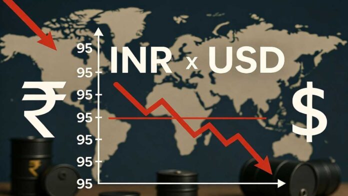Indian rupee falling against US dollar with currency chart showing record low near 95.58