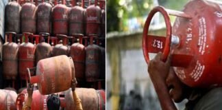 LPG gas cylinders stacked outside a distribution agency during supply shortage in India