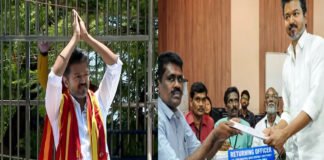 Vijay Thalapathy filing nomination in Tiruchirappalli surrounded by supporters during Tamil Nadu elections 2026