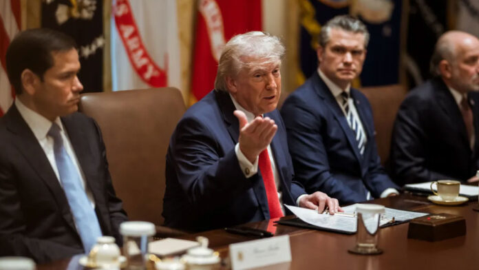 Trump Weighs Cabinet Shake-Up Amid War, Poll Slump Donald Trump addressing media amid cabinet reshuffle discussions