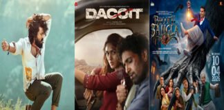Bollywood April 2026 movie lineup featuring Bhoot Bangla, Dacoit, and Ginny Weds Sunny 2 with leading actors