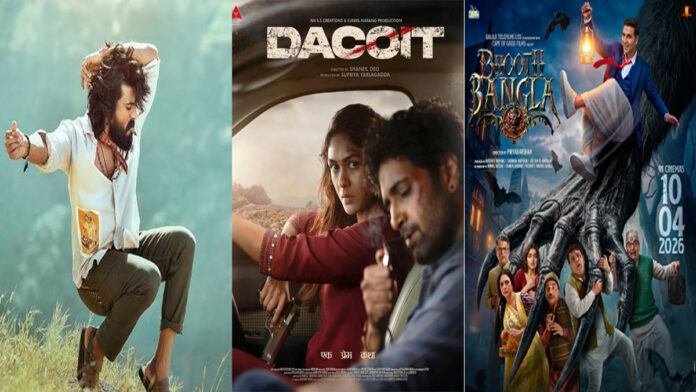 Upcoming Bollywood Movies April 2026 Full Release Lineup Bollywood April 2026 movie lineup featuring Bhoot Bangla, Dacoit, and Ginny Weds Sunny 2 with leading actors