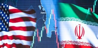 Diplomatic meeting between US and Iran officials with Qatar financial background and oil shipping route map