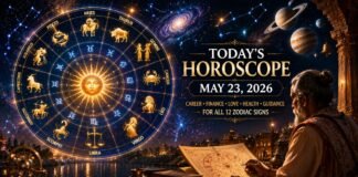 Astrology-themed zodiac wheel with glowing planetary symbols representing daily horoscope predictions for May 23, 2026