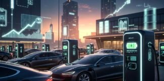 Modern electric cars charging at a public EV station as global electric vehicle sales surge in 2026