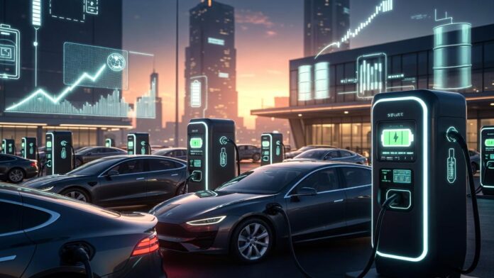 Global EV Sales Surge in 2026 Amid Rising Fuel Prices Modern electric cars charging at a public EV station as global electric vehicle sales surge in 2026