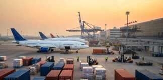 Cargo aircraft and freight containers at an Indian airport logistics terminal