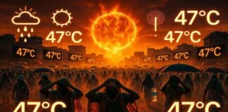 People walking under extreme heatwave conditions in India as temperatures cross 47 degrees Celsius