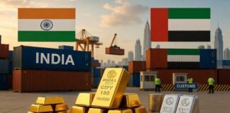 Gold bars and silver bullion with India-UAE trade symbols after import duty hike announcement