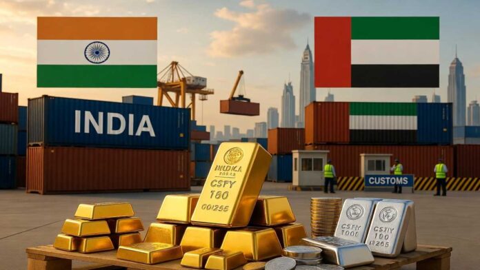 India’s Gold Duty Hike Could Boost Dubai Imports Gold bars and silver bullion with India-UAE trade symbols after import duty hike announcement
